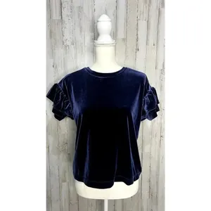Madewell Women's XS Blue Velvet Ruffle‎ Sleeve Tee Casual Fall Top thumbnail 4