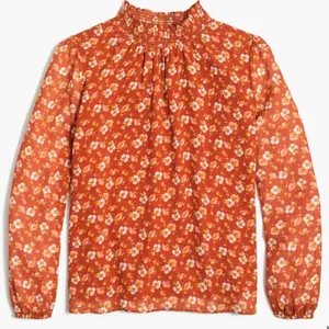 J. Crew Factory Women's Smocked Shirt Orange Floral‎ Long Sleeve Mock Neck AS356 thumbnail 1