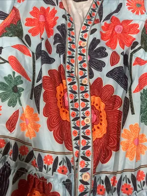 Embroidered Floral Tunic Dress - Blue with Red & Orange Blooms button up thumbnail 3