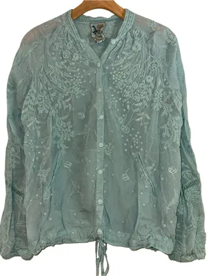 Johnny Was Women’s Size M Light Marine Blue Embroidered Drawstring Bomber Jacket thumbnail 6