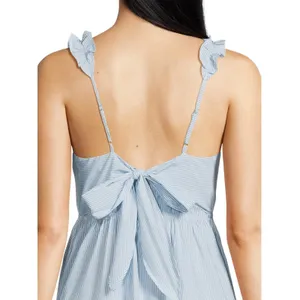Time and Tru Womens Midi Dress Sz M Blue Ash Stripe Ruffle Strap Tie Back Flowy thumbnail 4