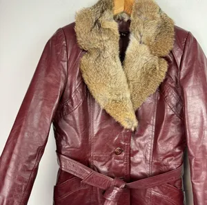 Vintage Leather Rabbitt Fur Trim Trench Tie Jacket Sz 5/6 Maroon Y2K Mob Wife thumbnail 9