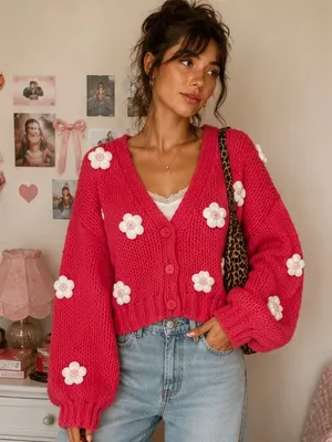 Luna Ivy Chunky Knit Flower Appliqué Cardigan Sweater Red Pink M Cottagecore thumbnail 1