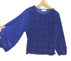 LOFT Blouse Blue Velvet Burnout Damask Puff Sleeve Holiday Party Romantic L thumbnail 1