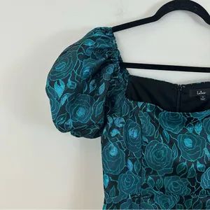 Lulu's Beyond Amazing Dark Teal Blue Floral Jacquard Puff Sleeve Dress Small thumbnail 3