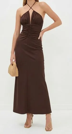 Riot Swim Dani Halter Maxi Dress S Ruched Backless Linen Resort Beach Brown NWT thumbnail 1