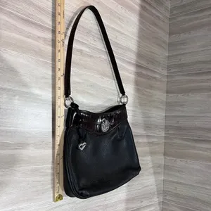 Brighton Black & Brown Leather Handbag Shoulder Bag Croc Trim Heart Charm Medium thumbnail 13