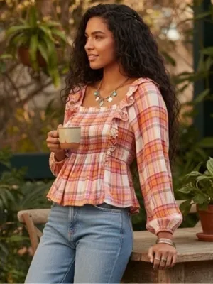 NWT Free People Sienna Plaid Ruffle Long Sleeve Blouse Women's S Prairie‎ Chic thumbnail 1