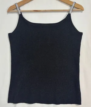 Vtg Pointelle Shimmer Tank‎ Top Womens XL Black Silk-Blend Silver Metallic Studs thumbnail 1