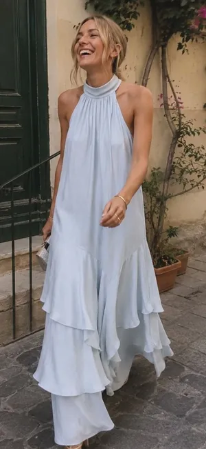 Elliatt Varella Halter Tiered Maxi Dress Light Blue Medium thumbnail 1