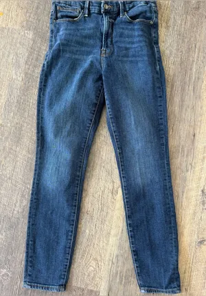 Good American High Rise Skinny Jeans 10 / 30 Dark Wash Stretch Denim Distressed thumbnail 1