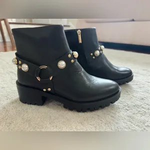 Karl Lagerfeld Paris Pixie Embellished Moto Leather Booties NWOT pearls 8.5 thumbnail 4