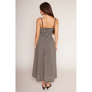 NIA Black Tan Gingham Smocked Midi Thomas Dress Lace Trim Pockets Womens Medium thumbnail 10