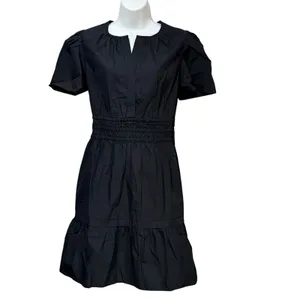 Quince Organic Cotton Poplin Tiered Mini Dress Black Short Sleeve‎ Smocked M thumbnail 3