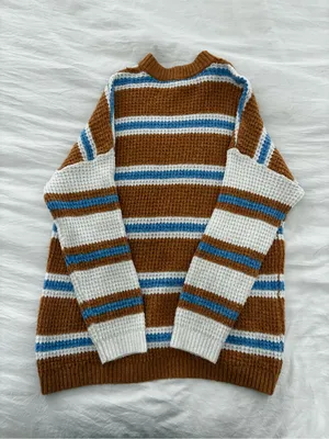 American Eagle Outfitters Brown, White & Blue Striped Waffle Crewneck Sweater thumbnail 4