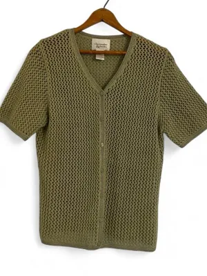 Christopher & Banks Vintage y2k Women's S Green Open Knit Mesh V-Neck Button Ramie Cotton Cardigan thumbnail 1
