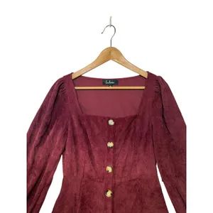 Lulus Burgundy Corduroy Button Front Mini‎ Dress Long Sleeve Square Neck XS NEW thumbnail 4
