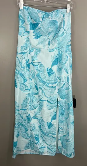 Lulus Strapless Midi Dress Womens XL Blue Tropical Floral Smocked Slit NWT thumbnail 1