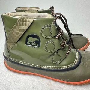 Sorel Waterproof Out And About Green Olive and Orange Winter Ankle Boots thumbnail 5