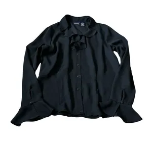 Vintage Chiffon Ruffle Button Up Blouse Bell Sleeves Semi Sheer Dark Victorian thumbnail 1