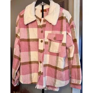 Umgee Pink Plaid Faux Fur Collar Shacket Button Front Jacket A0451 Womens Medium thumbnail 3