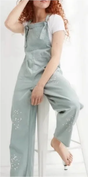 Aerie werk and play twill jumpsuit overalls w/ paint splatter in‎ green small thumbnail 1