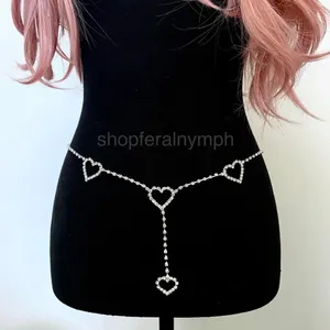 Silver Y2K Rhinestone Heart Drop Chain Belt, Fits 33-44.5 Inches, X7GA1269 thumbnail 1