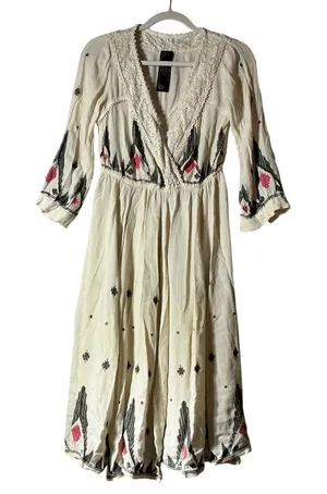 Free People New Romantics Boho Gypsy Ikat Crochet Lace Gauze Trim Boho Midi Dress XS/TP thumbnail 1
