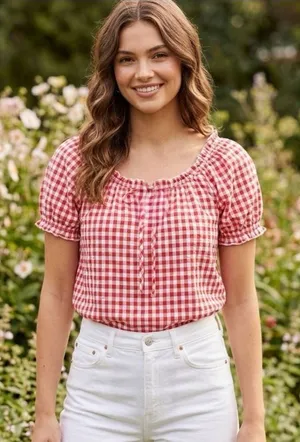 Belle Pogue size L seersucker checked puff sleeve top. Country farm life. thumbnail 1