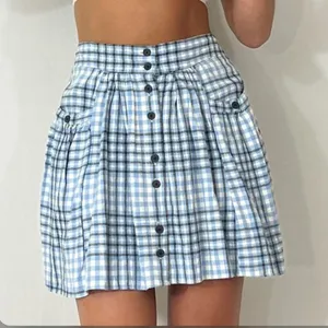 Urban Outfitters Blue Gingham Plaid Linen Blend Button Front Mini Skirt Sz M‎ thumbnail 3