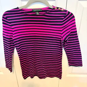 Lauren Ralph Lauren Pink Navy Striped Cotton Boat Neck Top Gold Buttons XS thumbnail 1