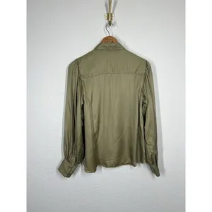Hale Bob Satin Button Front Top Small Silk Blend Olive Puff Sleeves thumbnail 7