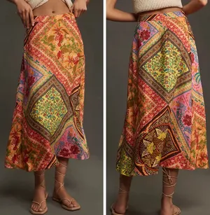 Farm Rio Mixed Scarves Satin Slip Midi Skirt, Size XS thumbnail 2