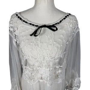 White Sheer Lace Tunic Womens M Mesh Crochet Bell Sleeve Fairycore thumbnail 6