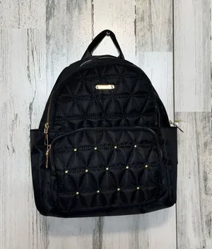 Black Nylon Mini Backpack Quilted Gold Studded Small Travel Bookbag Gold Hardwar thumbnail 1