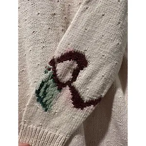 Vntg Talbots Christmas Holly Poinsettia Sweater Womens XL Bow Ivory Knit By Hand thumbnail 8