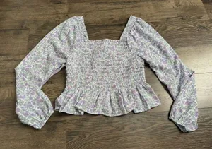 EUC Womens Japna smocked cropped floral ruffle puff sleeve size M‎ thumbnail 1