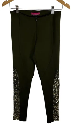 Alice + Olivia Olive Green Sequin Panel‎ Leggings Slim Fit Pants Stretch Green thumbnail 1