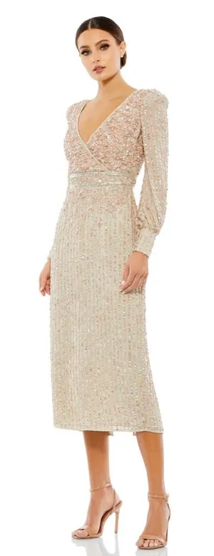 Mac Duggal Sequined‎ V Neck Bishop Sleeve Midi Dress 93593 thumbnail 1