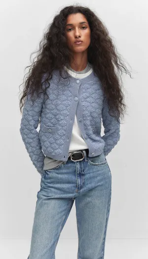 Mango Blue Textured Button Cardigan thumbnail 1