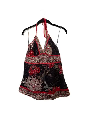 Y2K Vintage Bebe Silk Blend Black Floral Halter Top thumbnail 2