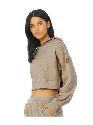 Alo Muse Hoodie Gravel Heather Tan Ribbed Stretchy Sweatshirt Sweater Pullover L thumbnail 3