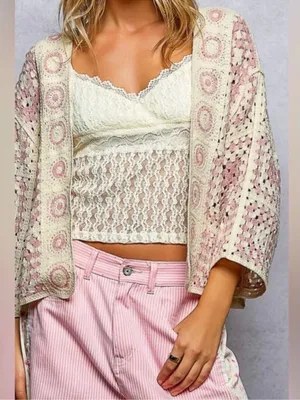NEW POL Pink Open Front Boho Granny Square Cardigan One Size thumbnail 3