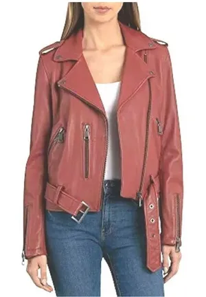 Bagatelle Women's Washed Leather Biker Moto‎ Belted Jacket in Sunset size XS thumbnail 1