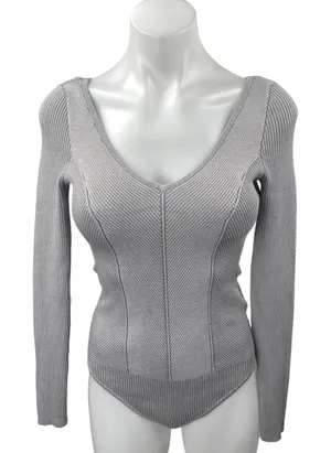 Abercrombie & Fitch Gray Rib Knit V-Neck Long Sleeve Sweater Bodysuit Top Sz XS thumbnail 1