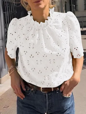 PrettyGarden Womens Small White Eyelet Embroidered Puff Sleeve Ruffle Top thumbnail 2