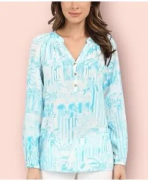 Lilly Pulitzer Top Blouse Blue White Print Sleeve Gold Button Detail Size XXS thumbnail 2