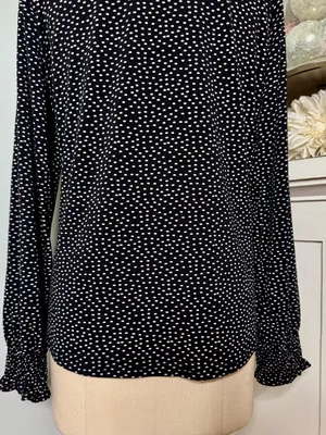 Adrianna Papell Black Polka Dot Long Sleeve Ruffled Mock Neck Blouse Size Large thumbnail 7
