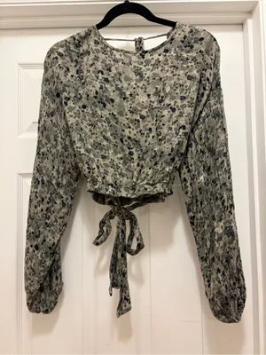 Women's Long-Sleeve Tie-Front Blouse in Olive Floral Print thumbnail 3