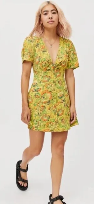 Womens Urban Outfitters Yellow Floral Print Bettie Twist Front Mini Dress Sz S thumbnail 1